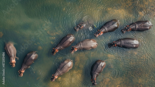 Aerial view of hippos in the water.