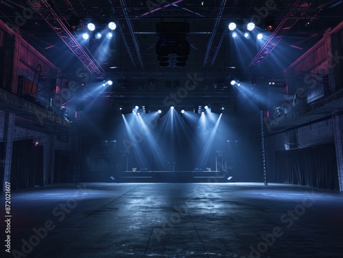 Dark modern concert music venue with an industrial atmosphere, ceiling lights shining onto the stage