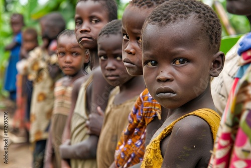 African children in need waiting in line for food assistance in a somber setting