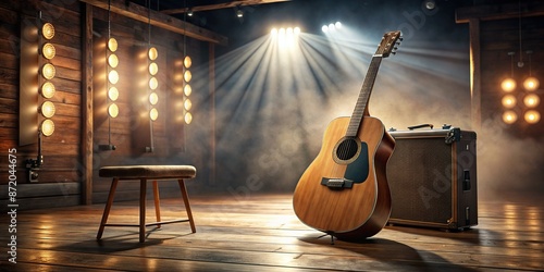 A classic acoustic guitar leans against a rustic wooden amp surrounded by scattered sheet music and dimly lit stage spotlights in a cozy empty concert venue.