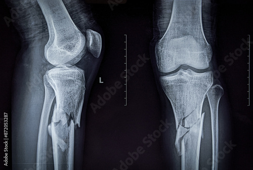 X ray image showing comminuted fracture of upper part of shaft of tibia 