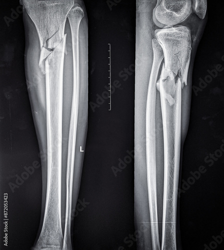 X ray image showing comminuted fracture of upper part of shaft of tibia 