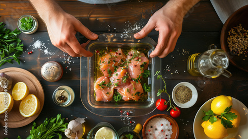 a person marinating chicken in a glass dish, surrounded by spices, herbs, and fresh ingredients on a well-organized kitchen counter