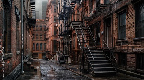 A narrow, cobblestone alleyway in an urban setting, surrounded by old brick buildings with external fire escapes and metal staircases - AI Generated Digital Art