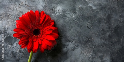 A red flower is sitting on a gray background.