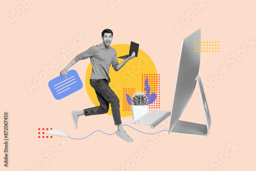 Trend artwork sketch image photo collage of business worker remote workspace computer monitor keypad mouse sms young man run hold laptop