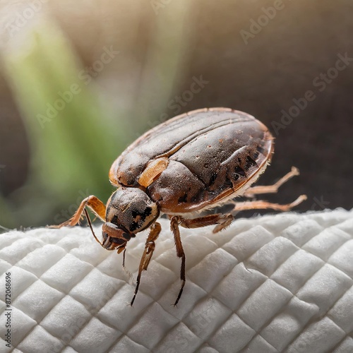 A terrestrial animal, the bed bug, an arthropod and parasite, is sitting on top of a bed. The closeup shot features its membranous wings and macro photography captures its detailed features