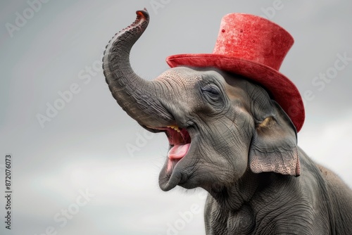 An exuberant elephant wearing a vibrant red hat, beaming with happiness as it trumpets in delight.