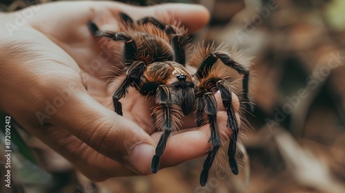 Petting a Tarantula: Hands carefully petting the fuzzy legs of a tarantula resting on a person's hand. 