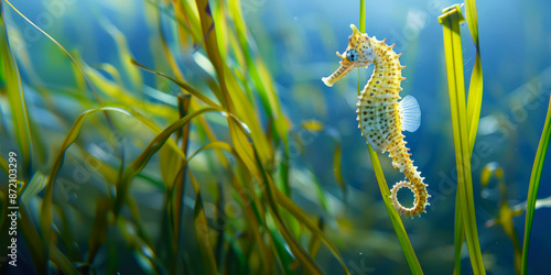 Closeup of a yellow seahorse floating underwater, surrounded by vibrant coral and green plants