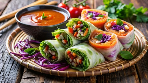 Vegetarian vietnamese spring rolls with spicy sauce, carrot, cucumber, red cabbage and rice noodle. Vegan food. Tasty meal. Copy space