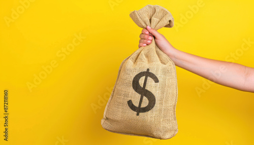 A hand holding a burlap money bag with a dollar sign on a yellow background, savings, investments, banking, business, economic growth