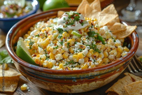 Mexican corn appetizer Elote Roasted street corn salad or dip with ilantro, lime, cheese, mayonnaise and chili served with chips , add copyspace for text