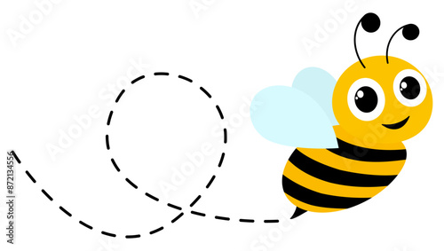 Cute happy bee with big eyes. Bee flying on dotted route. Vector illustration isolated on white background.