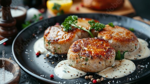 French cuisine. Pozharsky cutlets with foie gras, sour cream sauce.