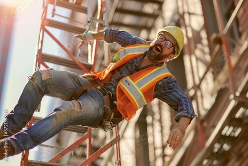 a man in a hard hat and safety vest is falling off a ladder