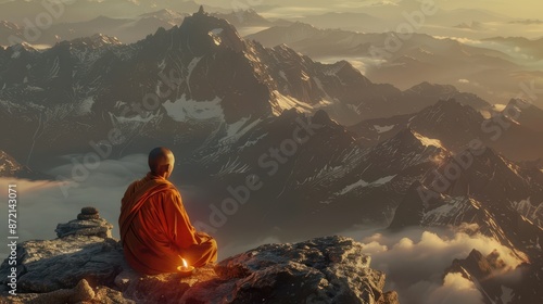 a monk sitting on top of a mountain with a fire