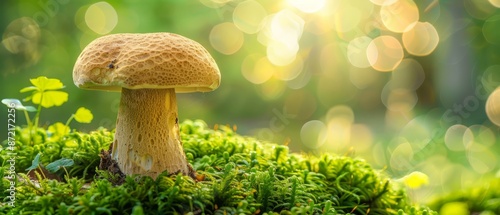  A tight shot of a mushroom against a mossy backdrop, sunbeams penetrating its leafy cap Mushroom's periphery softly blurred