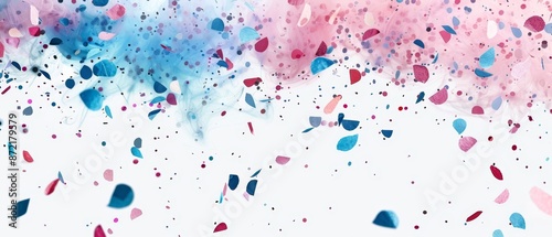  A white background with an abundance of blue and pink confetti on the left side, and a comparable amount on the right side