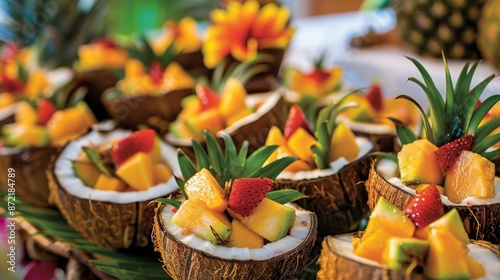 A display of vibrant fruity tails served in coconut shells adding a tropical touch to the clambake.