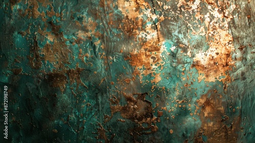 Corroded copper sheet with verdigris patina, reflecting soft light