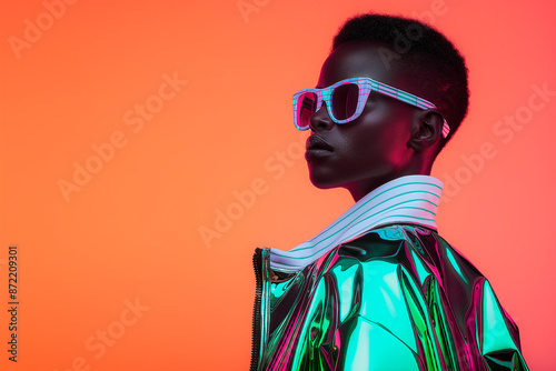 Androgynous model in reflective geometric attire, isolated on a neon gradient background 