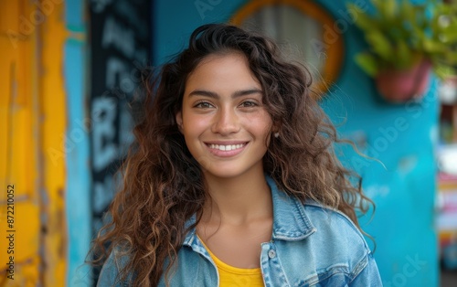 A smiling Latina teenager with curly brown hair, wearing a denim jacket, stands against a colorful wall