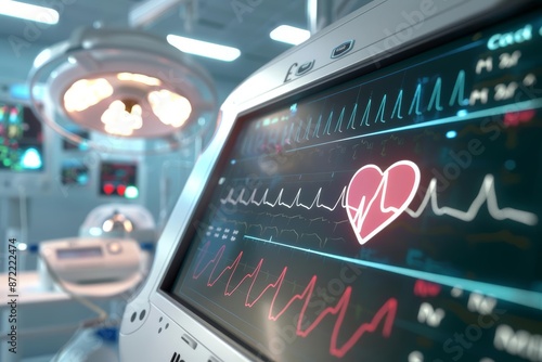 Close-up of EKG machine displaying heart rate, clear screen, sterile room lighting, high detail resolution, photo-realistic precision, medical monitoring