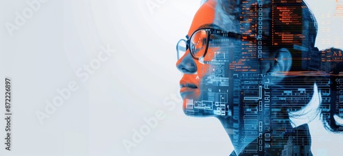 The image shows a woman wearing glasses with half of her face is a circuit board. The other half shows her face with a serious look.