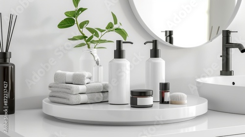 A modern bathroom vanity with a white countertop and a round, white Lazy Susan. Two white soap dispensers with black pumps sit on the Lazy Susan.