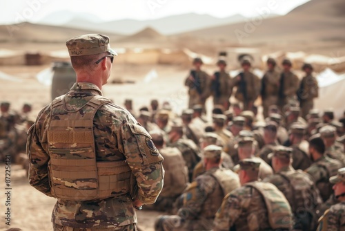 Soldiers receiving a briefing in a desert setting, focused on military preparedness.