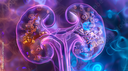 Renal pathology image displaying chronic kidney disease effects on kidney tissue. Concept Medical Imaging, Renal Pathology, Chronic Kidney Disease, Kidney Tissue, Histopathology