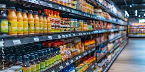 rows products on supermarket shelves.