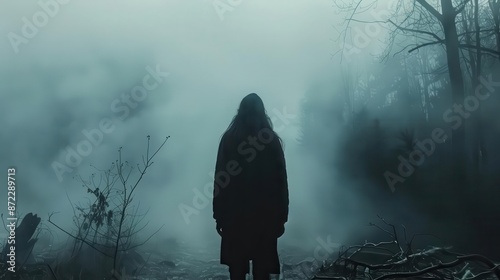 A shadowy figure in a foggy forest conveying fear and terror atmospheric horror scene