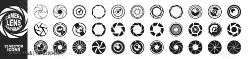 Camera lens diaphragm. Camera shutter icons set. Set photo camera lens diaphragm