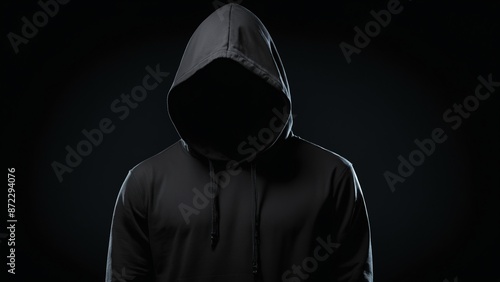 In the dark stands a faceless man wearing a black hoodie