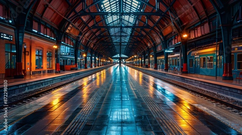 An empty train station, with silent platforms and waiting areas