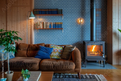 a living room with a fireplace and a sofa