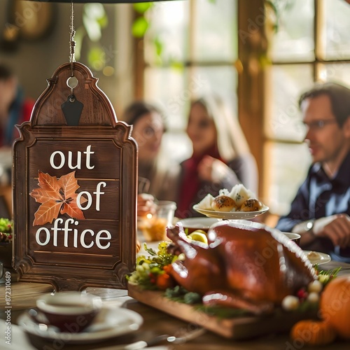 Out of office sign is displayed next to a family Thanksgiving gathering