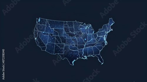 A detailed map of the United States created using blue dots, with highlights marking different regions and states, providing a modern and technological appearance.