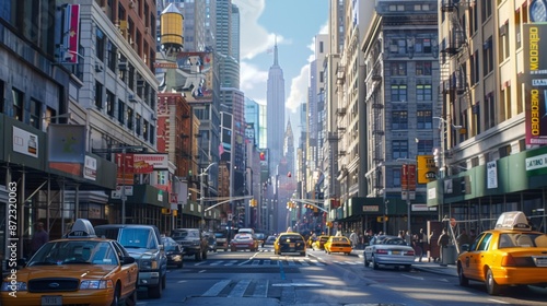 This bright and colorful illustration features a busy city street scene filled with yellow taxis, street vendors, and lined with high-rise buildings, with the Empire State Building in view.