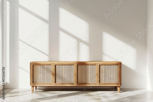 Wooden dresser with rattan detail in light minimalist room, space for product display, generative ai