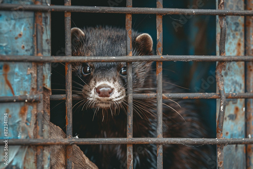 Mink farm. Production of elite fur. Animal in a cage. A black mink in a cage looks through the bars.