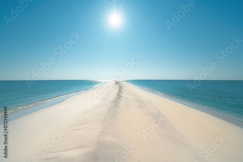 A sun-drenched sandbar with the sea on both sides under a bright blue sky with the sun at its zenith