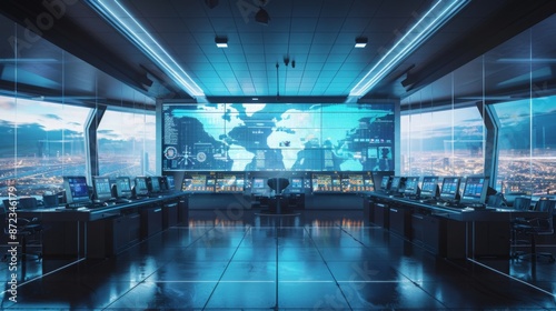 A modern control room with a big screen showing a world map and data points. Brightly lit, workstations with monitors, windows with a city view at night.