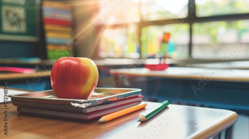 A crisp apple sits atop stacked notebooks on a sunlit wooden desk in a classroom, symbolizing education, knowledge, and a fresh start to the school year.