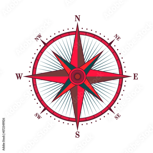 Vintage marine wind rose, nautical chart. Colorful navigational compass with cardinal directions of North, East, South, West. Geographical position, cartography and navigation. Vector illustration