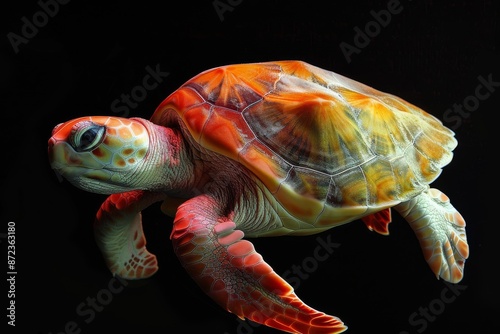 Mystic portrait of Kemp's Ridley Turtle, full body view, isolated on black background