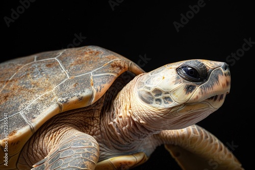 the beside view Kemp's Ridley Turtle, left side view, white copy space on right, isolated on black background