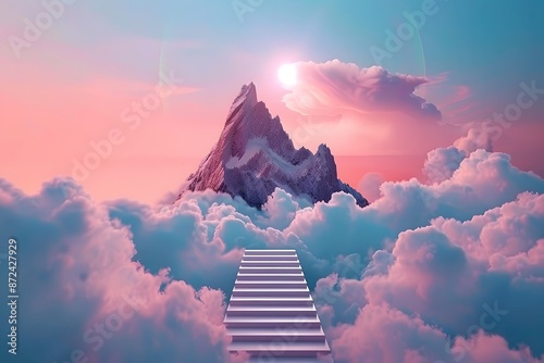 Stairway to a surreal mountain peak above the clouds under a vibrant sunset sky.